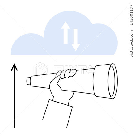 Data exploration, cloud computing, forecasting, technology, innovation, business growth. A hand holding a telescope with a cloud and direction arrows. Data exploration and cloud computing concept Data exploration, cloud computing, forecasting, technology, innovation, business growth. A hand holding a telescope with a cloud and direction arrows. Data exploration and cloud computing concept 143681177