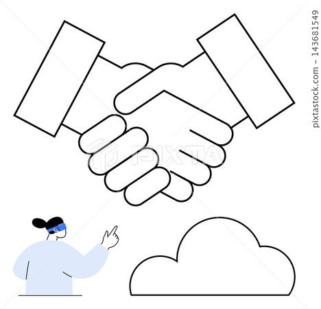 Collaboration, teamwork, online communication, cloud computing, digital connections, partnership. Handshake, cloud and pointing person. Collaboration and online communication concept Collaboration, teamwork, online communication, cloud computing, digital connections, partnership. Handshake, cloud and pointing person. Collaboration and online communication concept 143681549