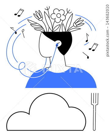 Mental health, creative thinking, mindfulness, music therapy, relaxation, holistic living. A head with flowers and music notes connected to nature and sound. Mental health and creative thinking theme 143682010