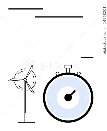 Renewable energy, sustainability, time management, eco-innovation, energy efficiency, green technology. Illustration of a wind turbine and stopwatch. Renewable energy and sustainability concept 143682014
