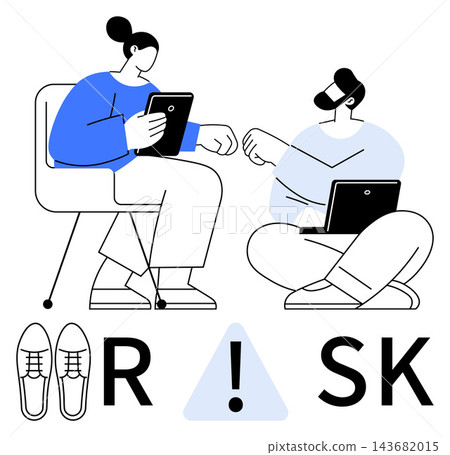 Risk management, team collaboration, decision-making, workplace safety, digital solutions, professionalism. Two people exchanging ideas with laptops and a highlighted risk sign. Risk management Risk management, team collaboration, decision-making, workplace safety, digital solutions, professionalism. Two people exchanging ideas with laptops and a highlighted risk sign. Risk management 143682015