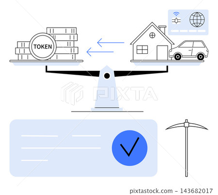 Blockchain, cryptocurrency usage, digital finance, decentralized transactions, asset tokenization, fintech. Token coins and house on scale. Blockchain and cryptocurrency usage concept Blockchain, cryptocurrency usage, digital finance, decentralized transactions, asset tokenization, fintech. Token coins and house on scale. Blockchain and cryptocurrency usage concept 143682017