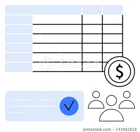 Financial analysis, business management, productivity tools, budgeting, teamwork, accounting. A spreadsheet table with a dollar icon and user profiles. Financial analysis and business management 143682018