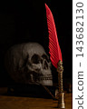 Human skull for Halloween, an image of a human skull in a macabre setting with an antique fountain pen featuring a red feather, selective focus. 143682130