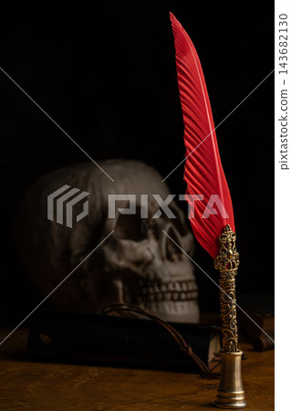 Human skull for Halloween, an image of a human skull in a macabre setting with an antique fountain pen featuring a red feather, selective focus. Human skull for Halloween, an image of a human skull in a macabre setting with an antique fountain pen featuring a red feather, selective focus. 143682130
