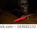 Human skull for Halloween, an image of a human skull in a macabre setting with an antique fountain pen featuring a red feather, selective focus. 143682132