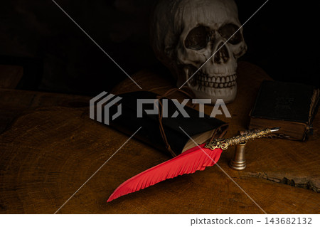 Human skull for Halloween, an image of a human skull in a macabre setting with an antique fountain pen featuring a red feather, selective focus. Human skull for Halloween, an image of a human skull in a macabre setting with an antique fountain pen featuring a red feather, selective focus. 143682132