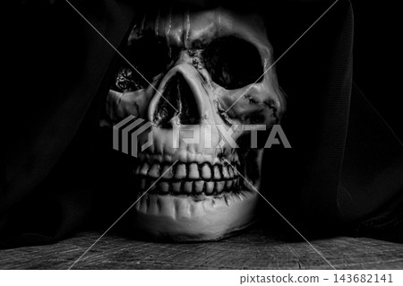 Human skull for Halloween, an image of a human skull in a macabre setting with fabric draped over the head to represent death, selective focus. Human skull for Halloween, an image of a human skull in a macabre setting with fabric draped over the head to represent death, selective focus. 143682141