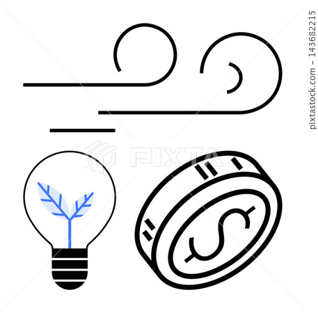 Renewable energy, sustainability, eco-friendly design, green economy, environmental innovation, clean energy. Features wind illustration, dollar coin and eco-light bulb. Renewable energy Renewable energy, sustainability, eco-friendly design, green economy, environmental innovation, clean energy. Features wind illustration, dollar coin and eco-light bulb. Renewable energy 143682215