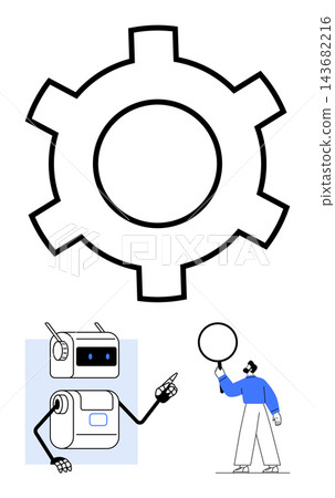 Technology, automation, artificial intelligence, robotics, human-robot interaction, innovation. Large gear icon, robotic figure pointing person holding speech bubble. Automation and robotics Technology, automation, artificial intelligence, robotics, human-robot interaction, innovation. Large gear icon, robotic figure pointing person holding speech bubble. Automation and robotics 143682216