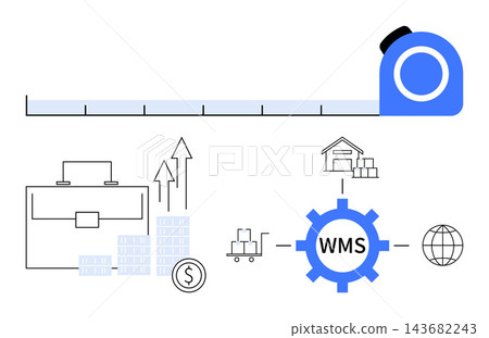 Logistics, warehouse optimization, inventory management, business growth, operational efficiency, supply chain. Tape measure, briefcase graph warehouse WMS gear. Logistics and warehouse Logistics, warehouse optimization, inventory management, business growth, operational efficiency, supply chain. Tape measure, briefcase graph warehouse WMS gear. Logistics and warehouse 143682243