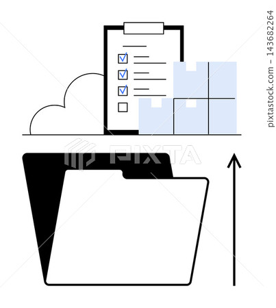 File organization, cloud storage, data management, logistics, digital archiving, productivity tools. A checklist, folders and cloud with upload arrow. File organization and cloud storage concept File organization, cloud storage, data management, logistics, digital archiving, productivity tools. A checklist, folders and cloud with upload arrow. File organization and cloud storage concept 143682264