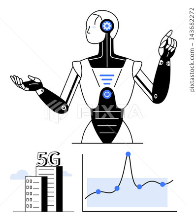 Artificial intelligence, 5G networks, data analytics, robotics development, Internet of Things IoT, futuristic technology. Robot with circuit design and a chart with data points. AI innovations 143682272