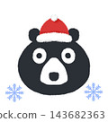A black bear illustration wearing a Santa hat, a winter/Christmas character stamp with snowflakes. 143682363