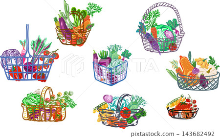 Vegetable baskets filled with fresh garden produce Vegetable baskets filled with fresh garden produce 143682492