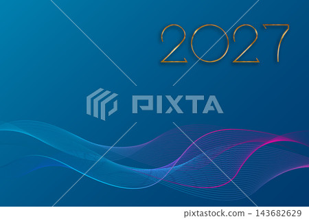 2027 New Year logo design in gold luxury texture for holiday greeting card, template, invitation, calendar, party. Vector illustration isolated on light blue waves background with copy space 2027 New Year logo design in gold luxury texture for holiday greeting card, template, invitation, calendar, party. Vector illustration isolated on light blue waves background with copy space 143682629