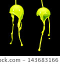 Neon yellow paint pouring down curve ball. Fluorescent yellow liquid water melting over Black background isolated. Bright green paint melt down on sphere ball sticky spike, Photograph 143683166