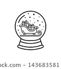 Simple black and white line icon of a magical snow globe containing a Christmas sleigh with gifts.  143683581