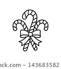 Black and white line icon of two crossed striped candy canes tied with a ribbon bow.  143683582