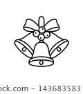 Line icon of three Christmas jingle bells decorated with holly berries and a ribbon bow.  143683583