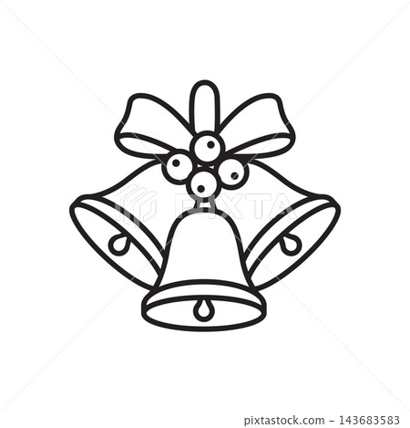 Line icon of three Christmas jingle bells decorated with holly berries and a ribbon bow. Line icon of three Christmas jingle bells decorated with holly berries and a ribbon bow. 143683583