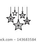 Black and white line icon of multiple decorative star ornaments hanging on strings.  143683584