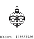 Line icon of a tear-shaped hanging Christmas ornament bauble with intricate floral and star patterns. 143683586