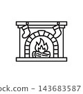 Black and white line icon of a brick fireplace with burning fire wood and hanging stockings. 143683587