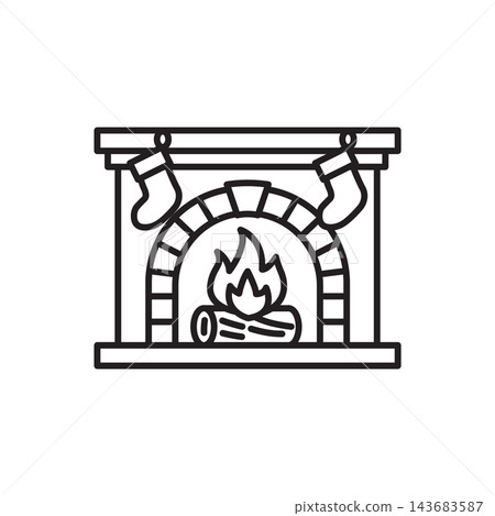 Black and white line icon of a brick fireplace with burning fire wood and hanging stockings. Black and white line icon of a brick fireplace with burning fire wood and hanging stockings. 143683587