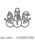 Cute line icon of three smiling snowmen standing together with hats and scarves.  143683588