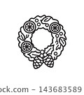 Line icon of a Christmas wreath decorated with dried orange slices, pine cones, and leaves.  143683589
