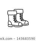 Black and white line icon of a pair of warm winter snow boots with fur trim.  143683590