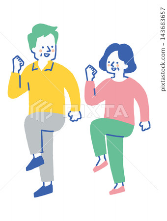 Elderly people energetically lifting their legs and doing exercises_color 143683657