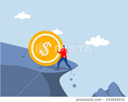 businessman try so hard to push huge money coin from the cliff.debt, loan payment or mortgage problem, financial failure or investment risk businessman try so hard to push huge money coin from the cliff.debt, loan payment or mortgage problem, financial failure or investment risk 143684032