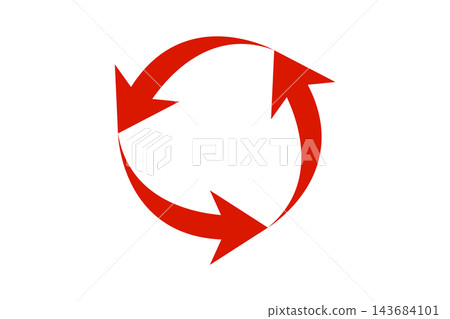A vibrant red against a white background, with three arrows forming a circle—a symbol of circulation. Recycling, reuse, renewal, rotation, and repetition. 143684101