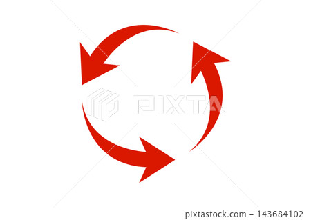 A vibrant red against a white background, with three arrows forming a circle—a symbol of circulation. Recycling, reuse, renewal, rotation, and repetition. A vibrant red against a white background, with three arrows forming a circle—a symbol of circulation. Recycling, reuse, renewal, rotation, and repetition. 143684102