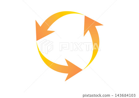 An orange and yellow gradient stands out against a white background, with three arrows forming a circle—a symbol of circulation. Recycling and reuse, An orange and yellow gradient stands out against a white background, with three arrows forming a circle—a symbol of circulation. Recycling and reuse, 143684103