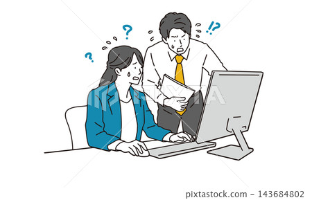 插圖描繪了一位商務人士（男性或女性）在電腦前顯得慌亂的情景。 143684802