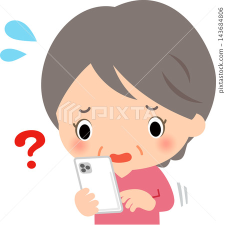 一位對操作智能手機感到困惑的高級女性 一位對操作智能手機感到困惑的高級女性 143684806