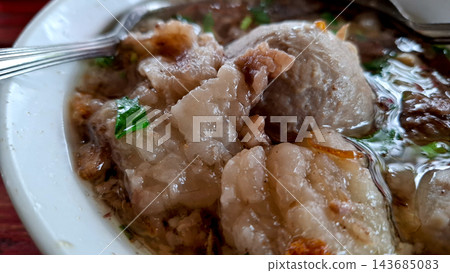 Indonesian Meatball Soup Bakso with Fatty Beef Close Up Indonesian Meatball Soup Bakso with Fatty Beef Close Up 143685083