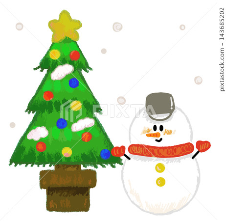 A hand-drawn crayon-style illustration of a decorated Christmas tree and a cute snowman. 143685202