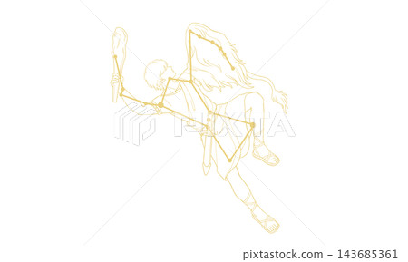 Line art illustration of the constellation Orion (Orion and the constellation lines in gold, line art only, no coloring) 143685361