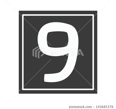 A black and white number icon, 9, surrounded by a black square frame. 143685378
