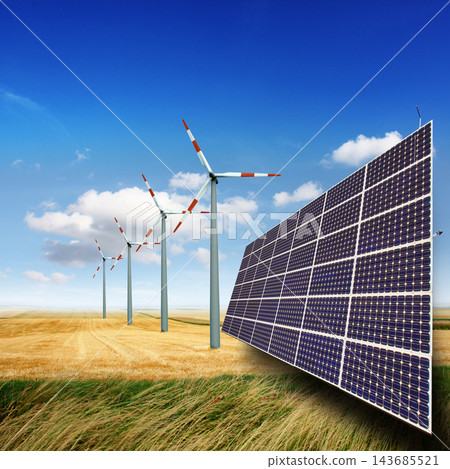 Renewable Energy Wind Turbines and Solar Panels in Rural Field 143685521