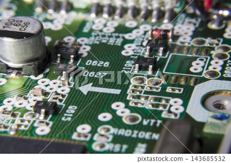 Macro Electronic Circuit Board with Green PCB Components Macro Electronic Circuit Board with Green PCB Components 143685532