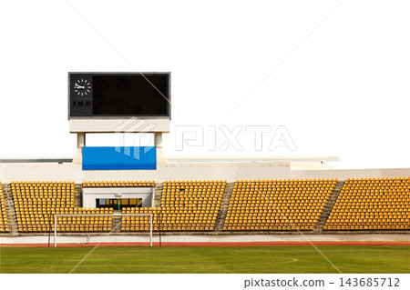 Empty Soccer Stadium with Yellow Seats, Scoreboard, and Goal 143685712