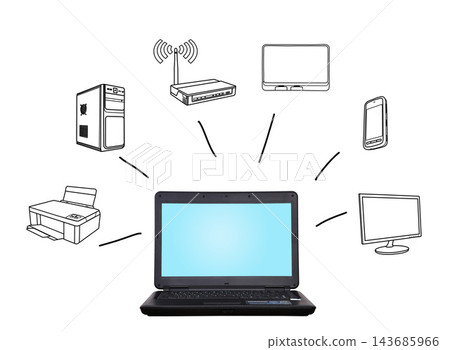 Laptop Network Connection with Digital Devices Line Art Laptop Network Connection with Digital Devices Line Art 143685966