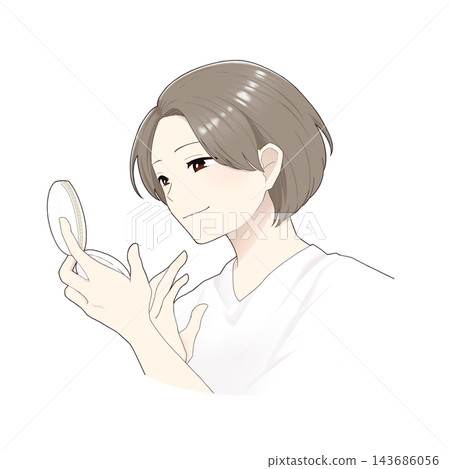 一幅描繪女子對著手鏡微笑時的插圖。 一幅描繪女子對著手鏡微笑時的插圖。 143686056