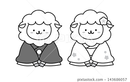 兩隻穿著和服的綿羊坐著(單色)。 兩隻穿著和服的綿羊坐著(單色)。 143686057