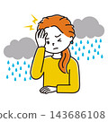 An illustration of a woman suffering from a headache and rain clouds. 143686108